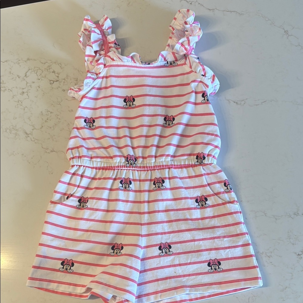 Janie and Jack White and Pink Striped Romper with Minnie Mouse Bow Print